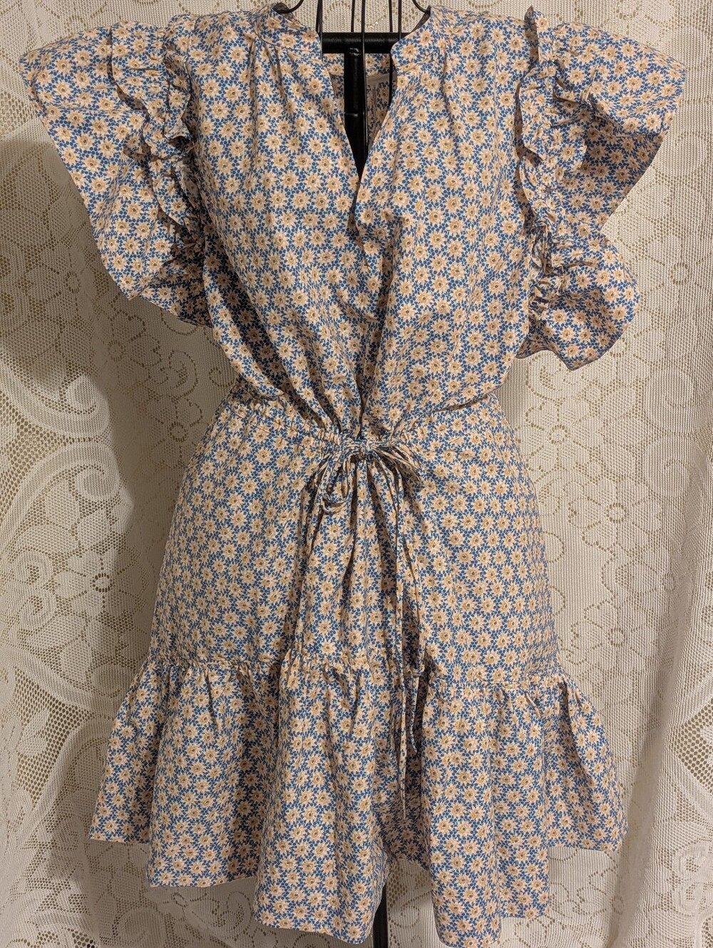 Anthropologie Blue and Yellow Daisy-Print Ruffle Tie-Waist Dress